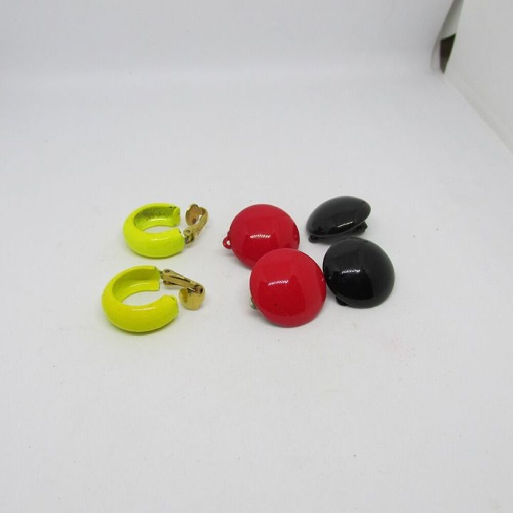 Vintage Enamel Earrings Red  Black Button Yellow Hoop Clip-on Clip on Earrings